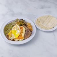 Bistek Ranchero Platillo · Grilled Steak, piece of cactus, piece of roasted cheese, onion and jalapeños Served with ric...