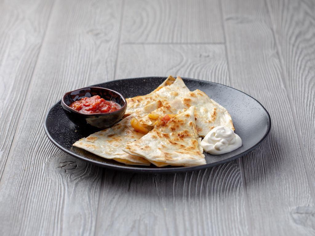 Quesadillas · 4 wedges loaded with cheddar, pepper jack, jalapenos, tomatoes, black olives and scallions. Served with sides of salsa and sour cream.