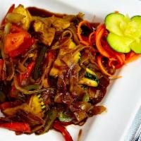 Drunken Noodle · Wide rice noodles stir fry with fresh Thai basil, onions, bell peppers, carrots, mushrooms, ...