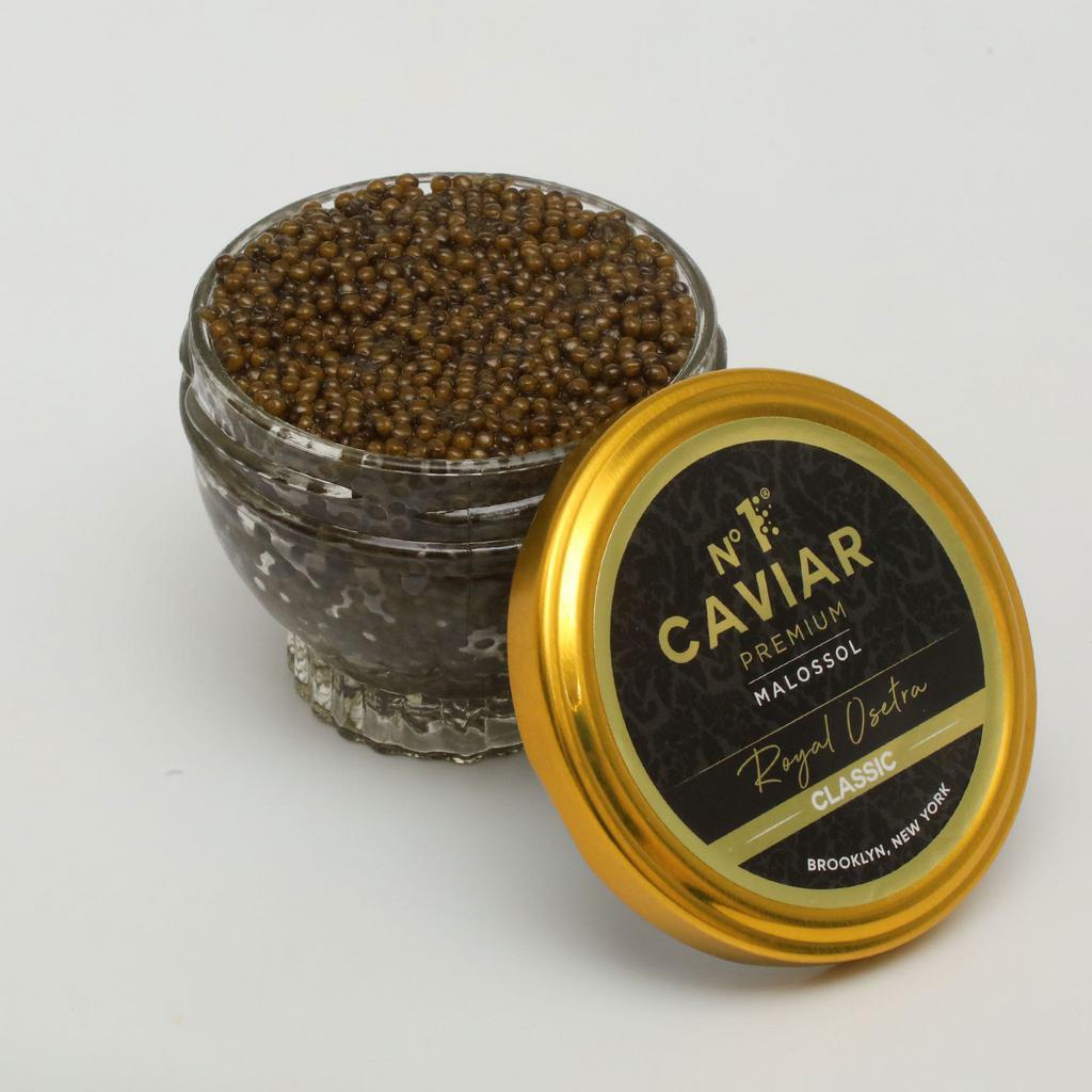 Russian Osetra Caviar – Classic (Glass Jar) · Obtained from the Russian-Persian or Kura sturgeon (Acipenser Gueldenstaedti and Acipenser Persicus), Russian Osetra has a golden to dark brown color variation. Its strong nutty flavor has an intense but mild taste.