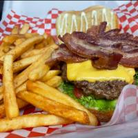 Bacon Cheese Burger · Fresh Angus beef, applewood smoked bacon topped with American cheese.