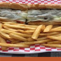 Philly Cheesesteak Sandwich · comes with green peppers, mushrooms onions, lettuce, tomato's and Mayo