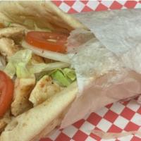 Chicken Gyro Sandwich · Comes with lettuce, tomatoes, onions and cucumber sauce on pita.