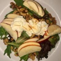 Goat Cheese and Walnut Salad · Over mixed greens, tossed with grape tomatoes, red onions, walnuts, and apples.