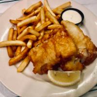 Fish and Chips · Beer battered cod served with French fries and tartar sauce.