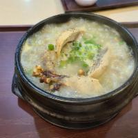 13. Ginseng chicken soup(삼계탕) · Chicken, ginseng, chestnut, dried dates, rice
(includes 1 bowl rice and 1 side dish)