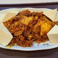 20. Spicy kimchi, pork, tofu stir-fry(두부김치볶음) · Kimchi, pork, tofu, rice cake
(includes 1 bowl rice and 1 side dish)