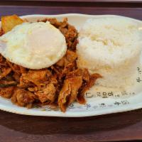 54. Kimchi pork stir-fry box(김치제육박스) · Kimchi, pork, rice cake, rice, egg
(include 1 side dish)