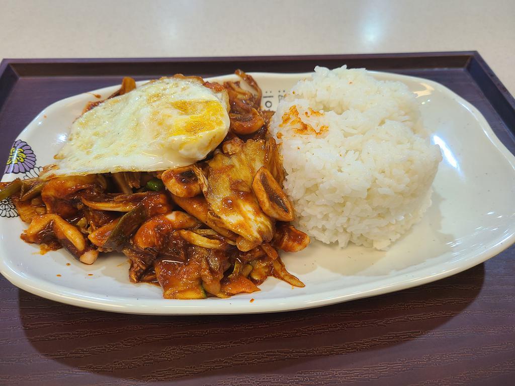 53. Spicy squid stir-fry  Box(오징어박스) · Squid, veg, rice, egg
(include 1 side dish)