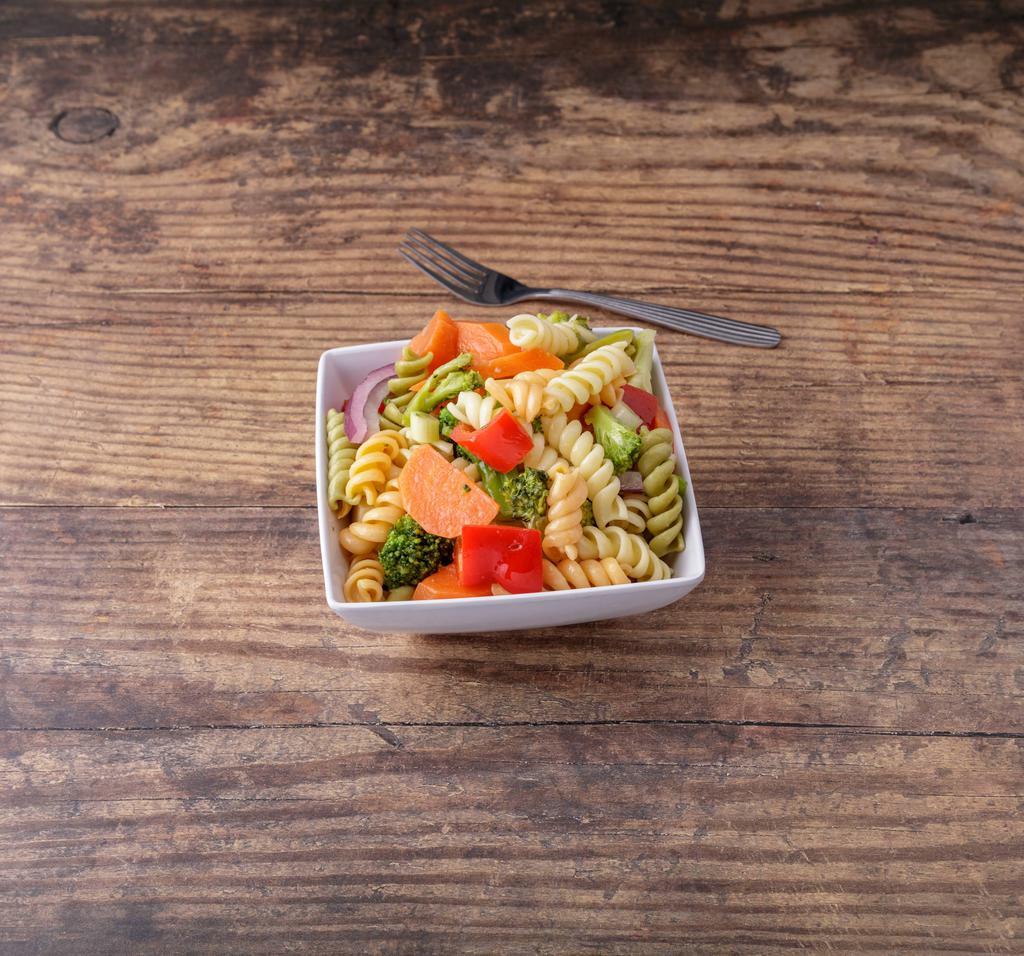 Pasta Salad · tri color rotini pasta, fresh broccoli, red onions, fresh carrots, diced cheeses., oil.
