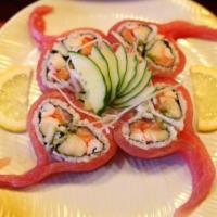 Sweetheart Roll · White tuna, salmon, kani and green tobiko, wrapped with tuna. 