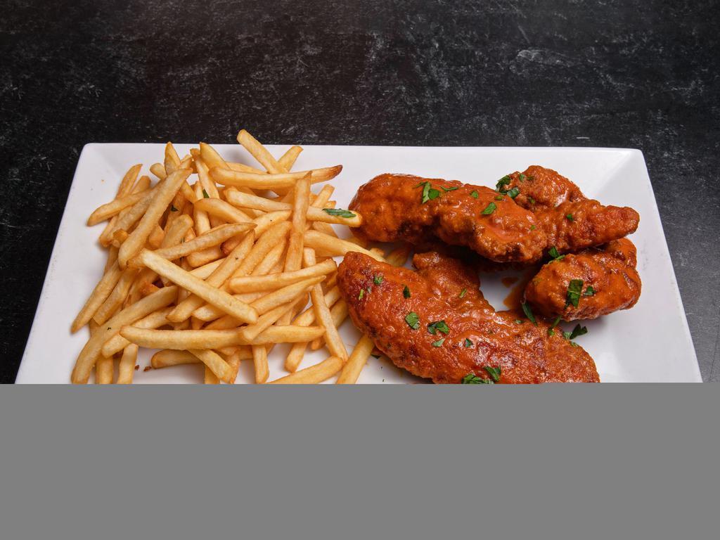 Hot Chicken Fingers · Served with hot sauce and blue cheese.
