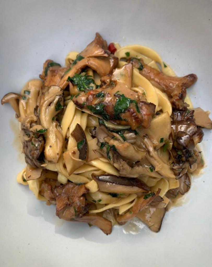 Wild Mushroom Pasta · Wild Hedgehog mushrooms, mixed mushrooms, tagliatelle pasta, garlic, shallots, butter, parmesan, *now comes with chicken stock, can be made vegetarian upon request