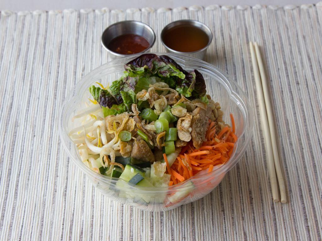 Vermicelli with Lemongrass Chicken · Lettuce, bean sprouts, mints, pickled carrots & daikon,
cucumbers, peanuts, fish sauce 