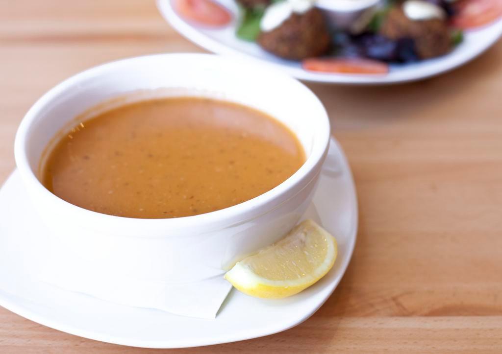 Lentil Soup · Pureed red lentils, Turkish seasonings and fresh herbs.