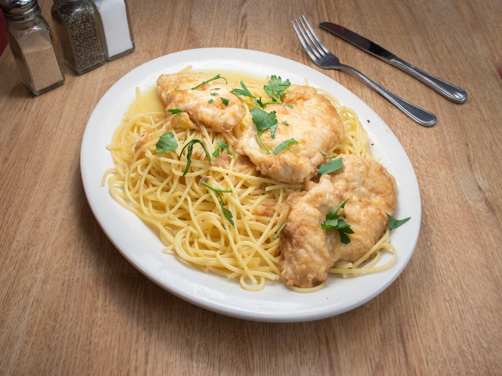 Chicken Francese Pasta · A golden crust of Parmesan and eggs presented in a zesty sauce of lemon and white wine. 