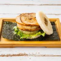 K4. Hawaii Chashu Rice Burger · Chashu pork, pineapple ring, mixed greens.