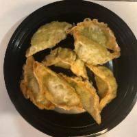 Deep fried Edamame  dumplings(vegan炸毛豆饺 · (edamame green beans cabbage ，canola oil ,chive ,corn ,shiitake mushrooms ,sesame oil ,wheat...