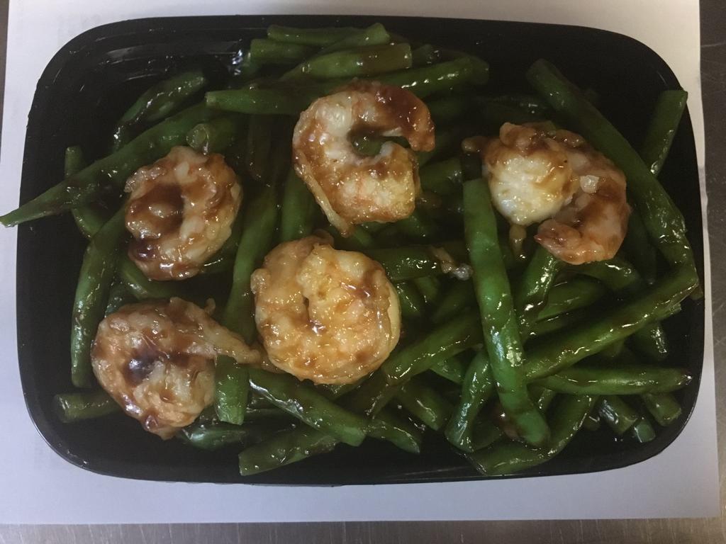 Shrimp with String Bean四季豆虾 · Served with white rice.