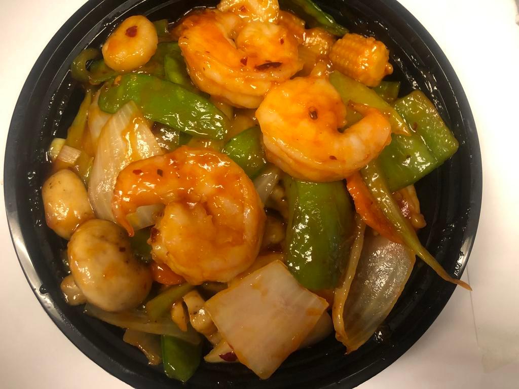 Hot and Spicy Shrimp干烧虾 · Served with white rice. Hot and spicy.