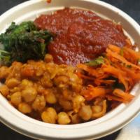 Masala Chickpeas Rice Bowl · Indian spiced chickpeas sauteed with bell pepper, onion, tomato, and garlic. Served with cum...
