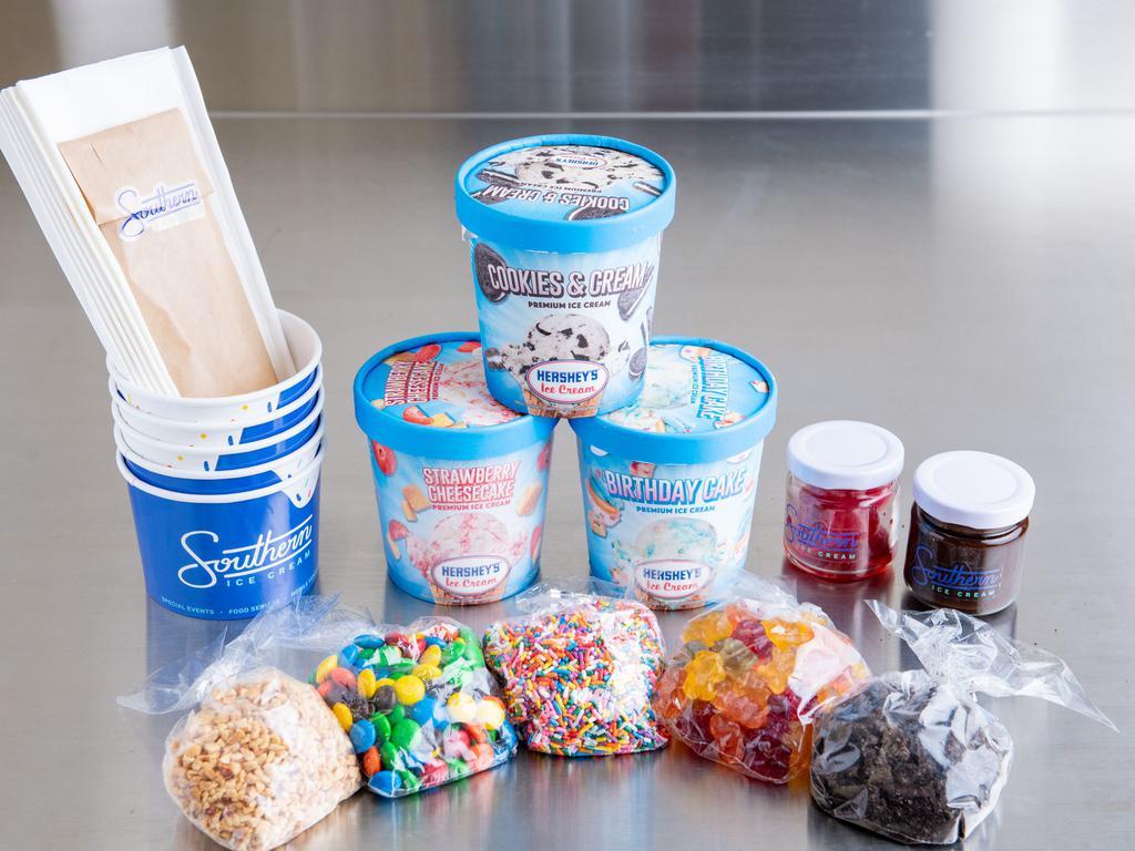 Sundae Party Kits · The kit includes: 3 pints of ice cream. Your choice of flavors. 3-4 oz. each of the following toppings gummy bears chopped peanuts sprinkles crushed oreo’s m&m’s maraschino cherries chocolate syrup serving utensils 5 bowls 8 spoons napkins.