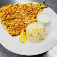 Rainbow Trout · Fresh trout seasoned & grilled. Served with rice pilaf, and house salad.