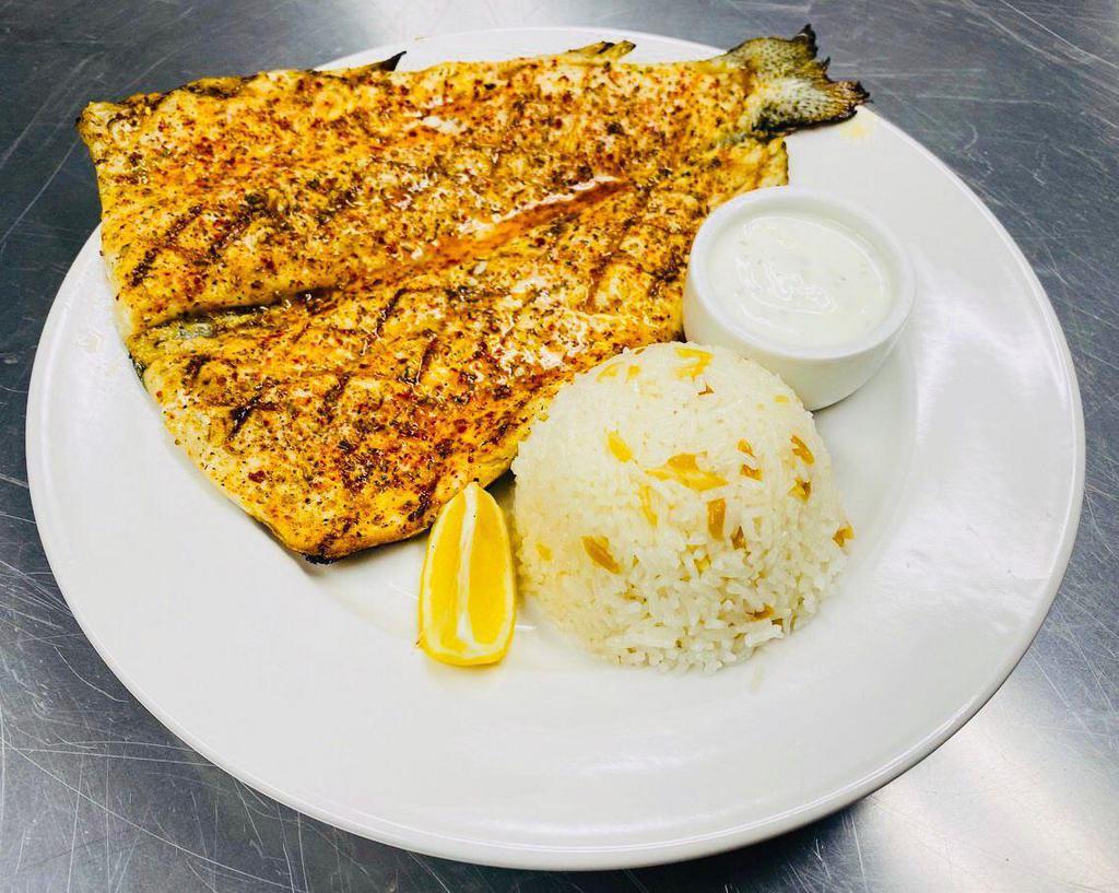 Rainbow Trout · Fresh trout seasoned & grilled. Served with rice pilaf, and house salad.