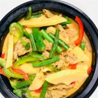  Thai Red Curry · Bamboo, bell peppers, string beans and fresh basil leaf.