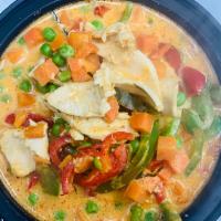 Thai Panang Curry · Bell peppers, peas, carrots and lime leaves.