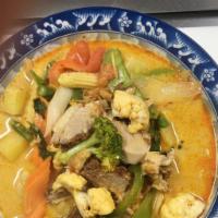 Thai Duck Curry (Kang Ped) · Bell peppers, onion, broccoli, carrot, pineapple and tomato, pepper corn, and fresh basil le...