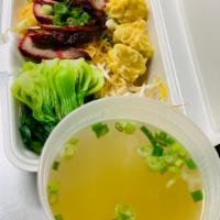 Wonton Noodle Soup · Egg noodles, bbq pork, shrimp dumplings and bokchoy (Chinese cabbage)