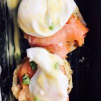 Nova Eggs Benedict Platter · Poached Eggs, Smoked Salmon and Hollandaise Sauce. Served on a English muffin open faced wit...