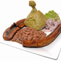 Juane Con Frijoles y Maduro · Rice tamale with red beans and sweet plantains.