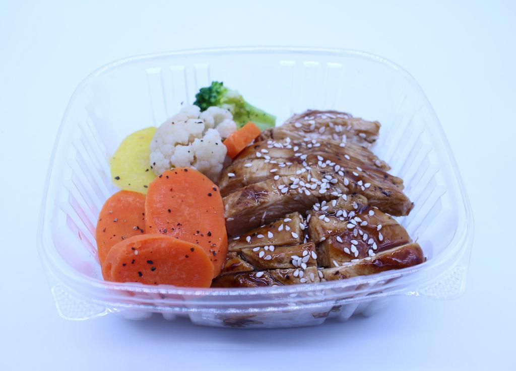 Teriyaki Chicken Rice Bowl · Teriyaki chicken, ginger-garlic aioli, and lava sauce over rice