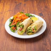 Hummus Avocado Sprouts Wrap · (Vegan). Homemade hummus, sunflower sprouts, avocado, pickles, cucumber, tomato and spices, ...