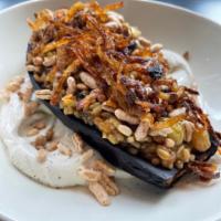 Eggplant · Roasted Eggplant, Sautted Onion, Pine Nuts, 8 Grains, Golden Raisins