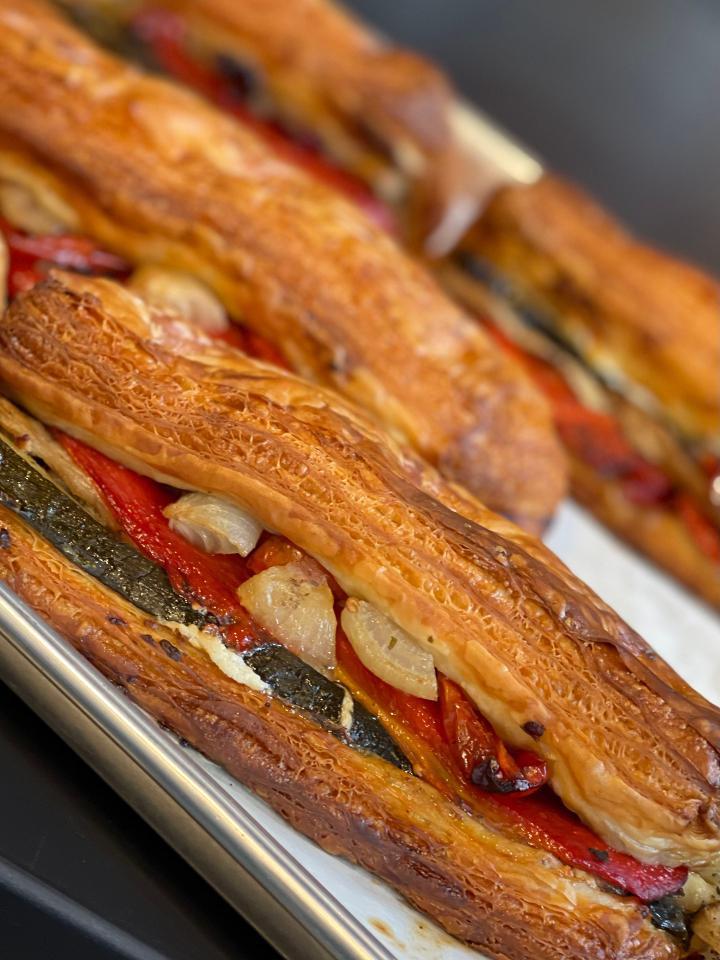 Grilled Vegetable Feuilleté Goat Cheese · All grilled vegetables  eggplant , zucchini, tomatoes, onions, red peppers, mushroom, olives and a spread of goat cheese Montchevre on a croissant Feuilleté