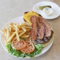Bacon Cheese Burger · Char-grilled 8 oz. juicy prime meat burger with your choice of cheese and bacon. Served on a...