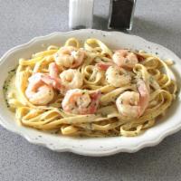 Fettucini Alfredo with Shrimp Platter · Served with salad and garlic bread.