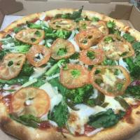 Vegetable Pizza · Spinach broccoli mushroom green peppers and onions choice red with sauce or white with garlic 
