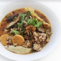 Tom Yum Noodle Soup · Pork broth, lime, chili, peanut, bean sprout, fish sauce, pork liver, fish ball, slice pork ...