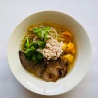 Clear Noodle Soup · Pork broth, fried garlic, pork liver, fish ball, slice pork and ground pork.