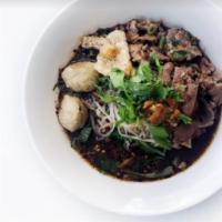 Nam Tok Noodle Soup · Pork blood broth, vinegar, chili, fish sauce, pork liver, pork ball, sliced pork and Chinese...