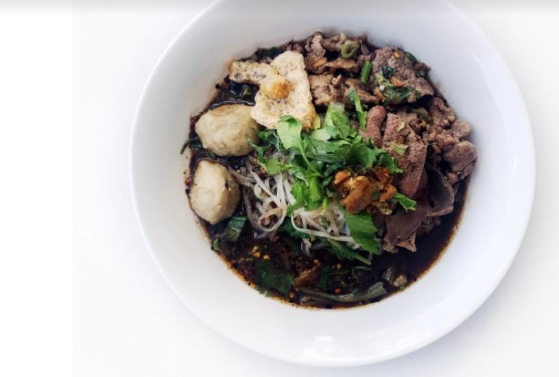 Nam Tok Noodle Soup · Pork blood broth, vinegar, chili, fish sauce, pork liver, pork ball, sliced pork and Chinese broccoli 