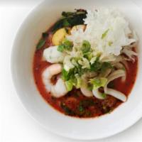 Yen Ta Fo · Pink noodle soup (bean curd), squid, fish ball shrimp ball and shrimp.