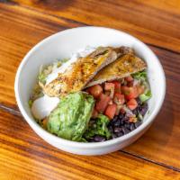 Pollo Asado Rice Bowl · Grilled chicken with Mexican rice & Beans, Jack cheese, Pico De Gallo, Lettuce, and Sour cre...