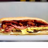 Lucky 7 Belly Buster Sandwich · 4 eggs, pork roll, bacon, sausage, hash brown and cheese on a 10