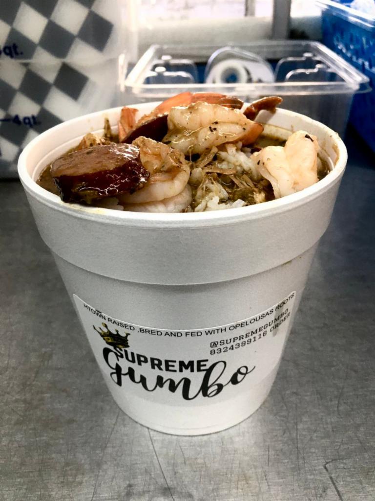 Supreme Gumbo · Shirleys daughter. Bowl of authentic Cajun file gumbo based on my mothers gumbo with sausage chicken breast, shrimp, and lots of spice.