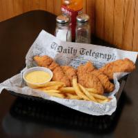 Tenders with Fries Chicken · Barbecue or honey mustard dipping sauce.